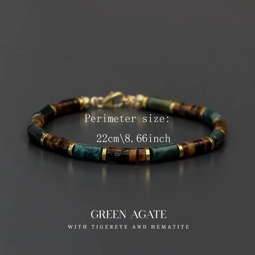 Hochwertiges Herren-Armband mit Perlen aus Moosachat und Tigerauge-Steinen, Symbol für Stärke, Mut und Wohlstand