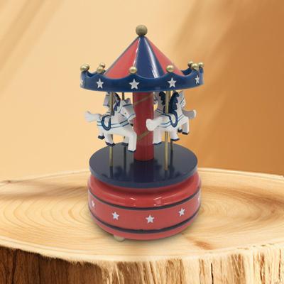 Christmas Wooden Carousel Music Box Crafts Decoration Wind Up Musical for Anniversary