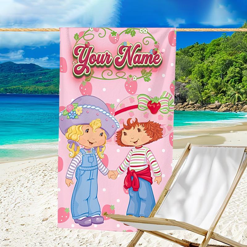 1pc Princess Strawberry Beach Towel with Custom Name, Beach and Seaside Swimming Pool Equipment, Fashion Pattern, Rectangular, Travel Essential