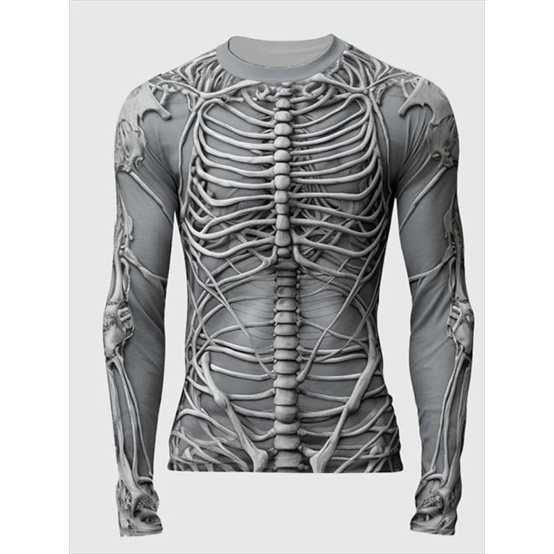 Summer Round Neck 3D Skull Pattern Printed Top, Fashionable and Casual Men's Long Sleeved T-shirts