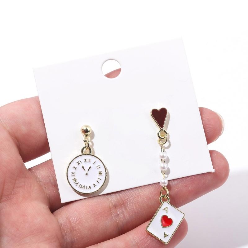 2 Pairs Trendy Clock Poker Card Drop Earrings Asymmetric Ear Accessories Stylish Earwear for Festivals and Gatherings