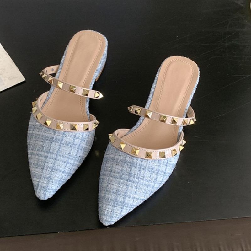 Fashion Rivet Wrapped Head Semi-drag Women Wear New Pointed Toe Shallow Mouth Slip-on Low-heeled Shoes in Summer