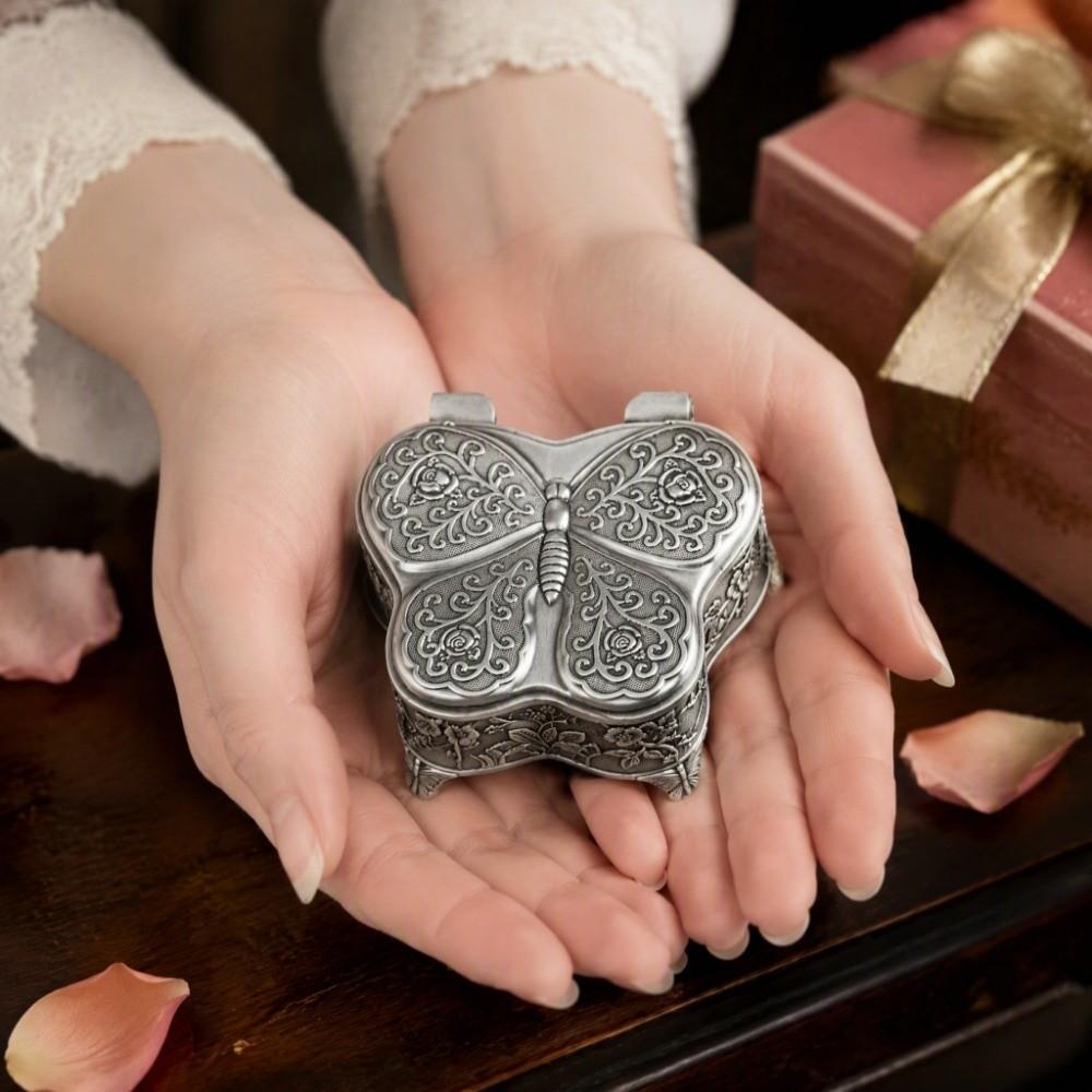 Alloy Material Vintage Jewelry Box Footed Base Stemmed Treasure Storage Case Home Decor
