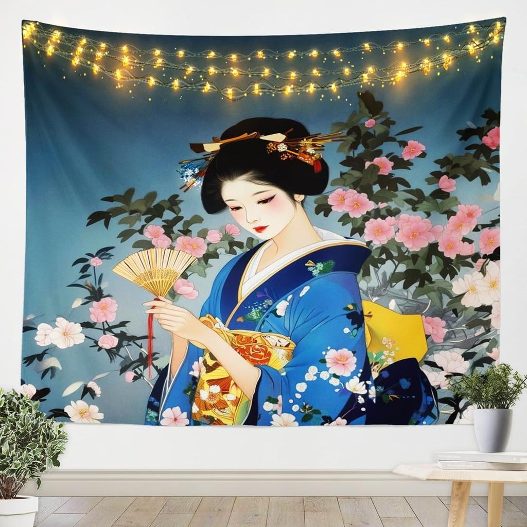 Geisha TapestriesJapanese Kimono MtFuji Tapestry For BedroomRomantic Pink Cherry Blossom Wall Tapestry For Girls WomenRed