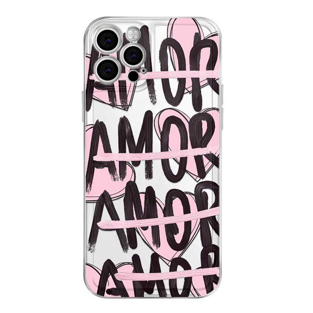 Pink Black Amore Brush Script Print Clear Phone Case For Samsung Galaxy S10 S20 S21 S22 S23 S24 S25 NOTE 10 20 ULTRA Cover