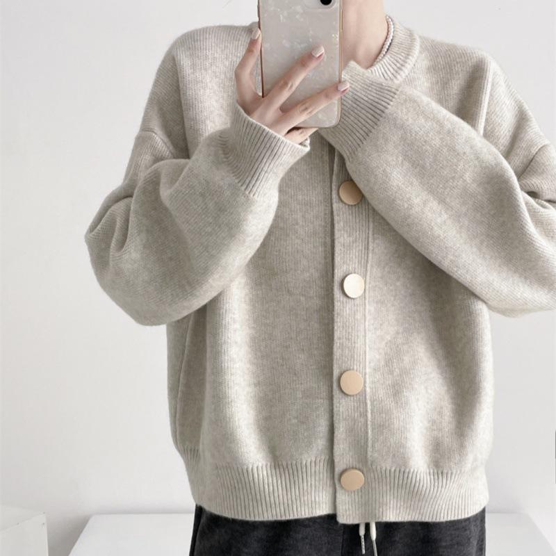 Autumn Winter Design Single Breasted Knit Sweater Women Cardigan Lazy Style Loose Solid Round Neck Top