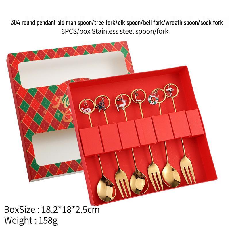 Christmas Cartoon Cutlery Set: Forks, Spoons, and Gift Box Featuring Cute Reindeer and Tree Designs.
