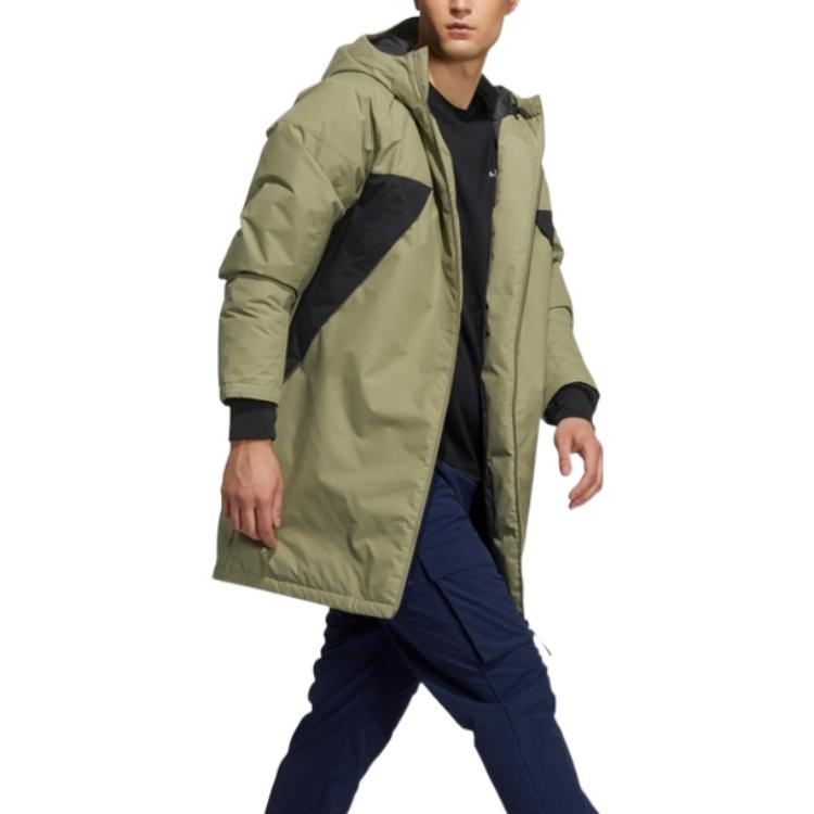 Adidas Patchwork Hooded Mid-Length Zip Down Jacket Men Outerwear Olive-Green HA1173