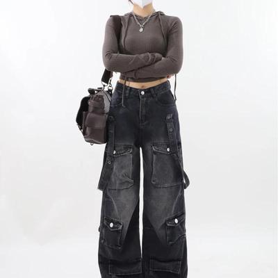 Street Gothic Jeans Retro Black Overalls Female Street Casual Loose Wide-Leg Pants Cowboy Couple Straight High-Waisted Jeans