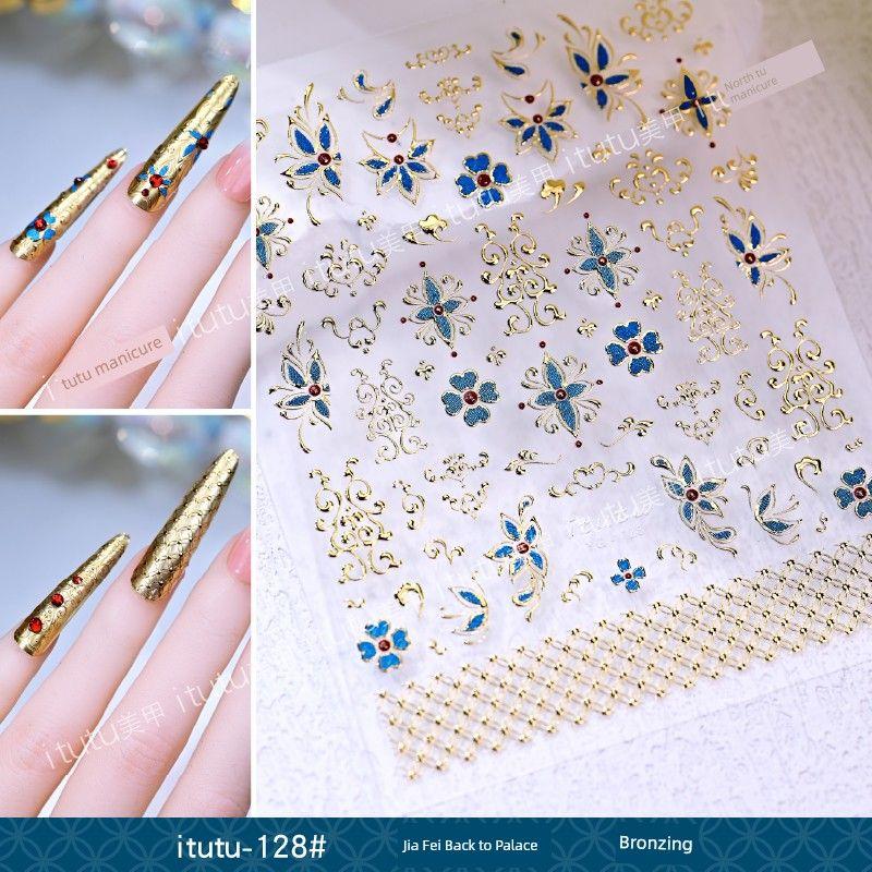 

New Arrival National Style Meet Dunhuang Nail Stickers Gem Armor Luxury Palace Style Embossed Gilding Decoration Small Pattern itutu-128# Xi Fei Hui Gong Bronzing