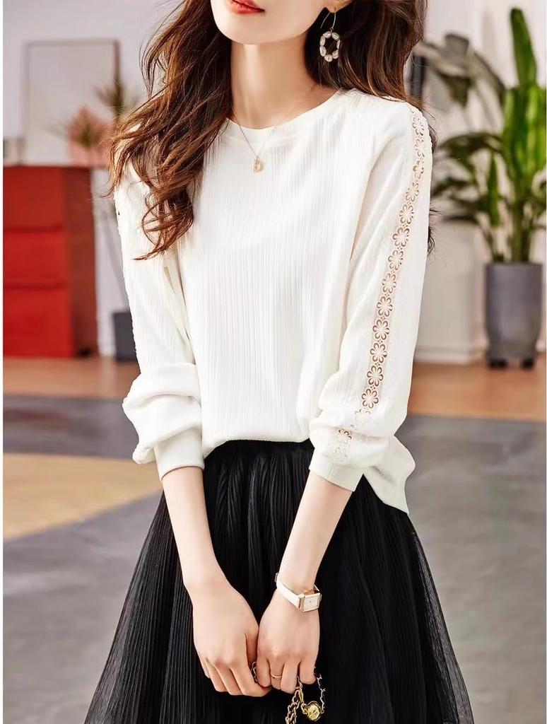 [FEISEDY] Long-Sleeve T-Shirt for Women - Round Neck, Drop Neck, Versatile, Slimming Effect, Breathable, Perfect for Autumn/Winter, Commuting, Office,