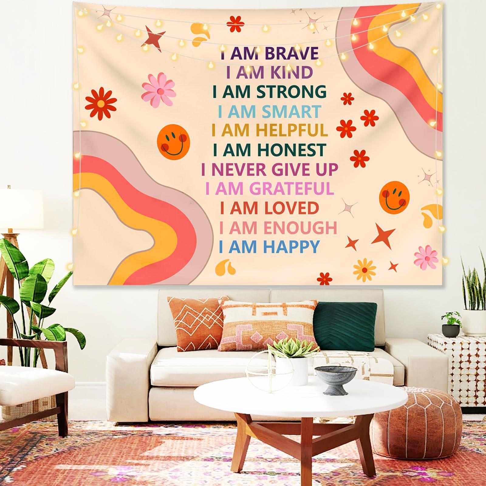 

Boho Rainbow Tapestry Wall Hanging Inspirational English Quotes Home Decor Headboard Cloth for Living Room 74x94cm(29x37in)