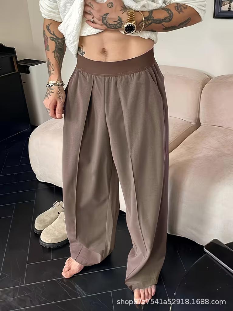Color-Block Elastic Waist Wide-Leg Pleat Trousers for Men