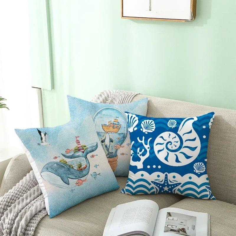 Sea Life Throw Pillow Office Sofa   Spring Home Decor Case Square Blue  Cushion Cover