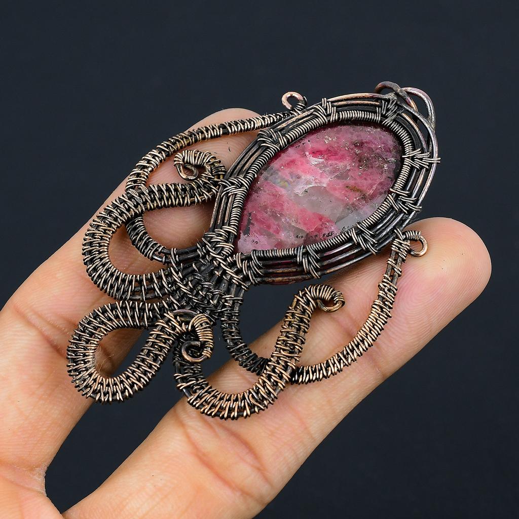 Natural Octopus Rhodonite Gemstone Copper Wire Wrap Gift Pendant 3.35" K6g65