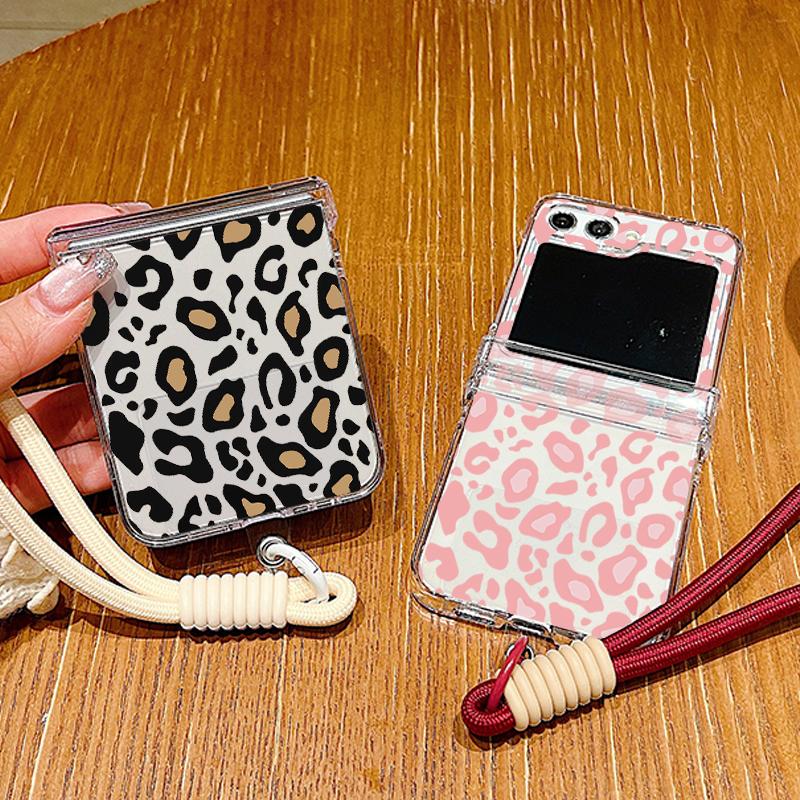 Leopard Print Lanyard Phone Case For Samsung Galaxy Z Flip 7 FE 6 5 4 3 5G Folding Hard PC Clear Cover For Samsung Z Flip7 Flip6