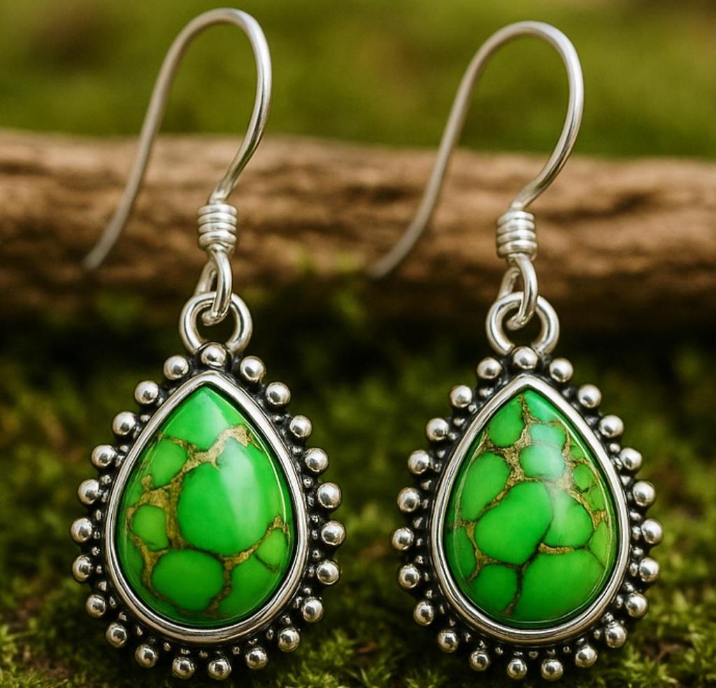 Green Copper Turquoise Earring, Gemstone Earring, 925 Solid Sterling Silver, Birthday Gift, Promise Gift