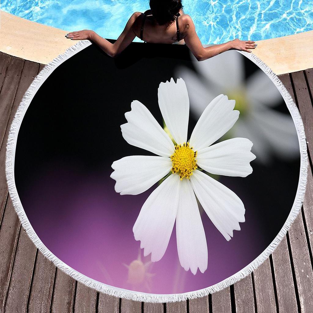 Floral Daisy Round Beach Towel,Microfiber Beach Blanket Sand Free Quick Dry Swim Pool Bath Circle Towel with Tassel for Teen Men
