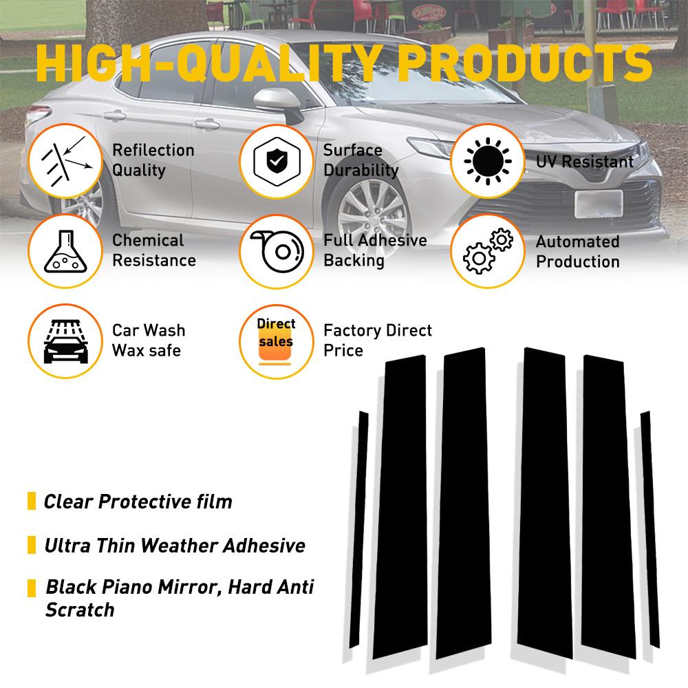 6 szt. Błyszczące czarne nakładki na słupki drzwiowe i okienne dla Toyota Camry 2012-2017