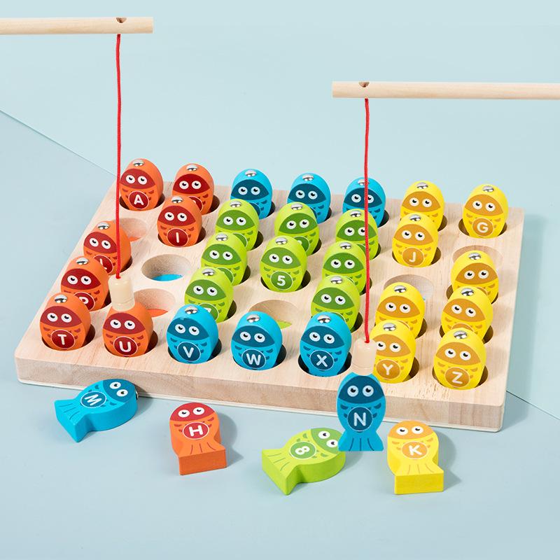 Wooden Children'S Early Education Puzzle Magnetic Numbers Alphabet Cognitive Pairing Fun Table Fishing Game