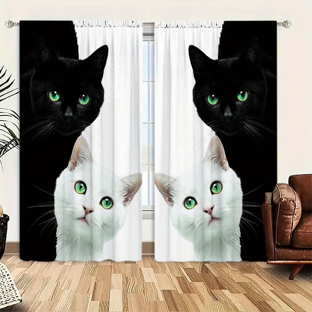 Cute Black and White Cat Pattern Print Drapes Room Darkening Window Curtains for Home Decor,Rod Pocket Blackout Curtains Bedroom