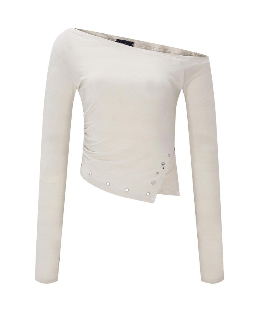 Peullijeunopallou Remy Unbal Shirring Long Sleeve Top (Beige)