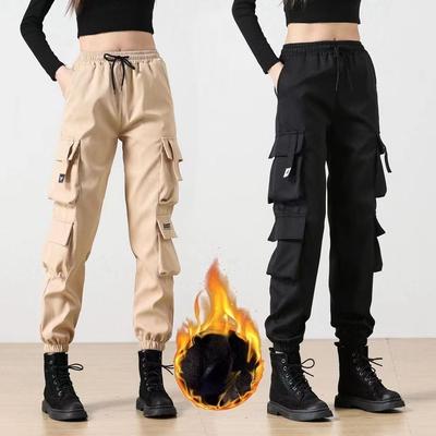 Pantalones cargo cálidos y gruesos de felpa con múltiples bolsillos de cintura alta para mujer de otoño e invierno