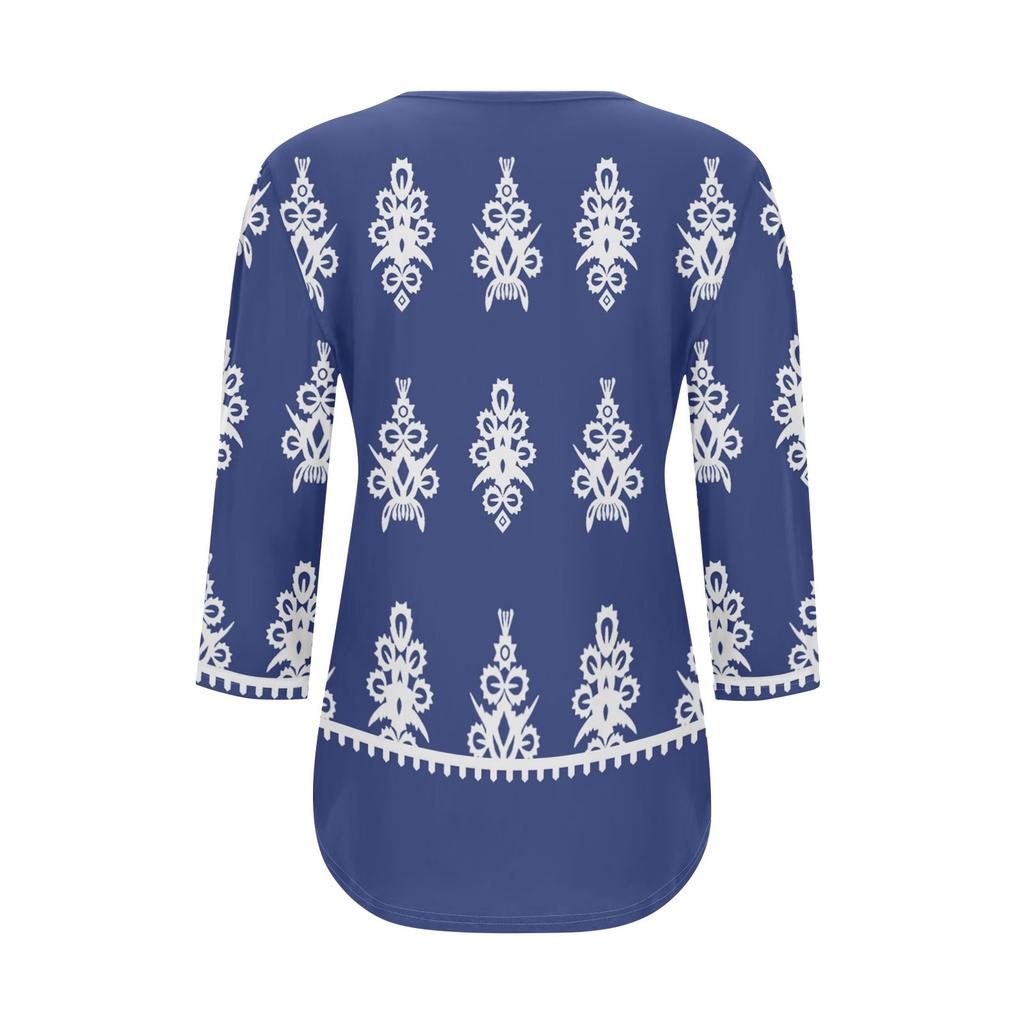 Women's Fashionable Casual Pleated Round Neck Casual Floral Print Seven Quarter Sleeved T-shirt Top