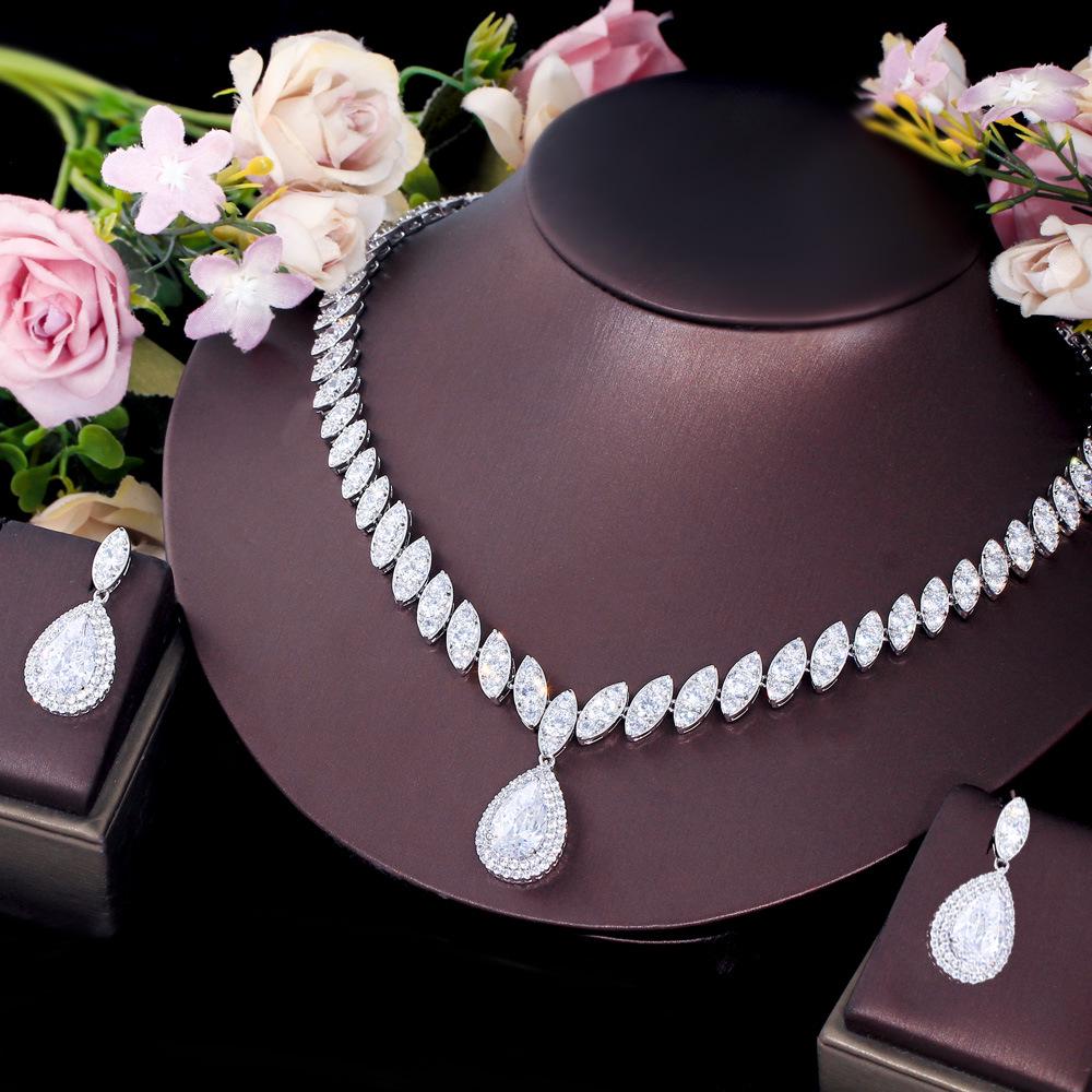 Korean Bridal Set: Eco-friendly Copper Necklace & Zircon Earrings for Weddings