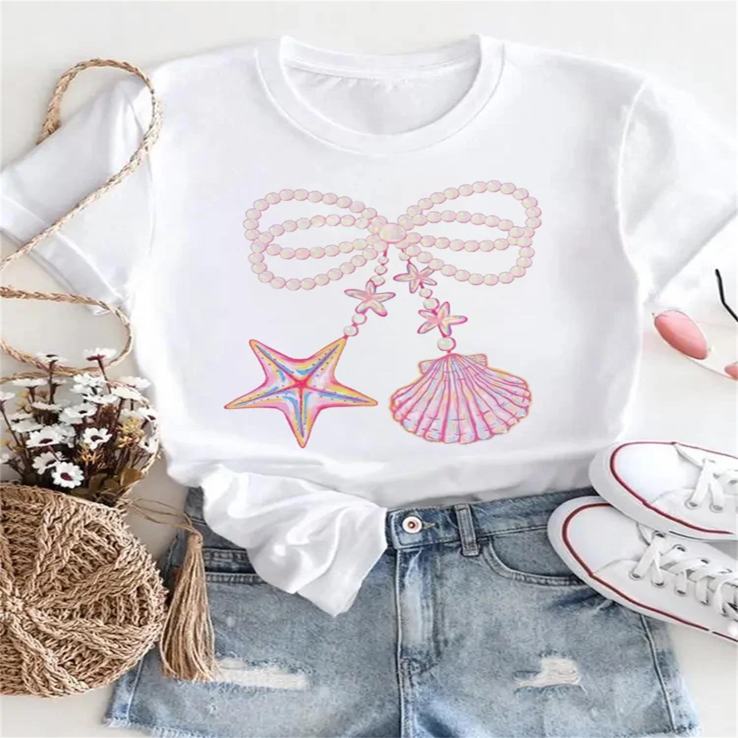 

Casual Clothes Kawaii Sweet Shell Pattern Top 90s Basic Print Fashion Style Women s Summer Regular Short Sleeved New T-Shirt XXXXXL