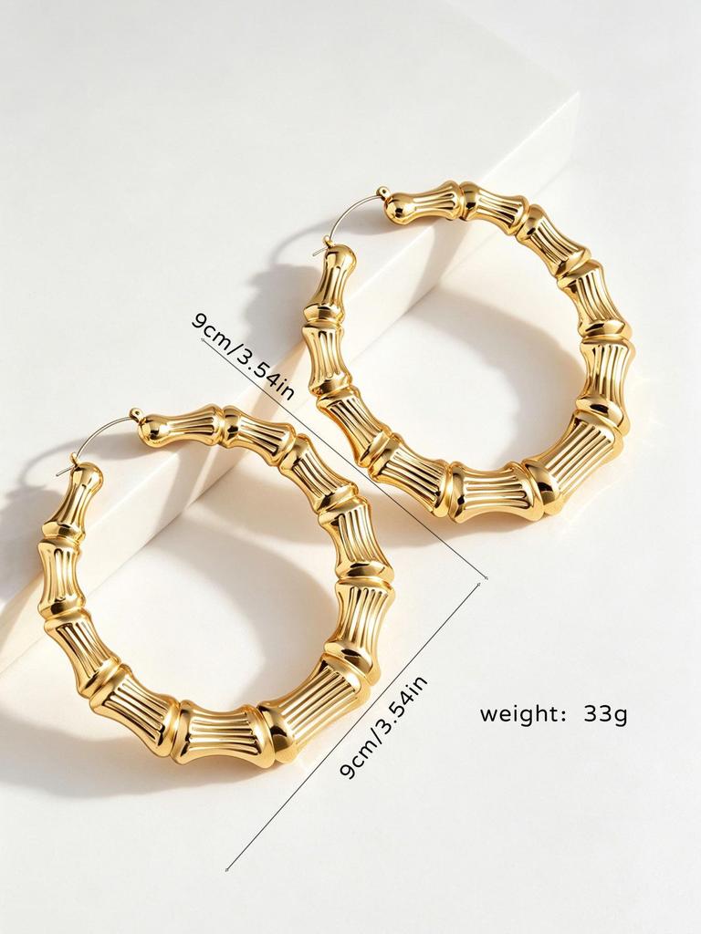 Extra-Large Gold Bamboo Hoops: Bold European & American Style Earrings for Hiphop, Street Dance, and Nightclub Fashion.