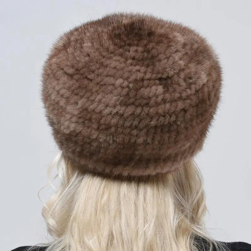 Woman Winter Berets Hat Knitted Natural Mink Fur Warm Genuine Fur Hats Female Headwear