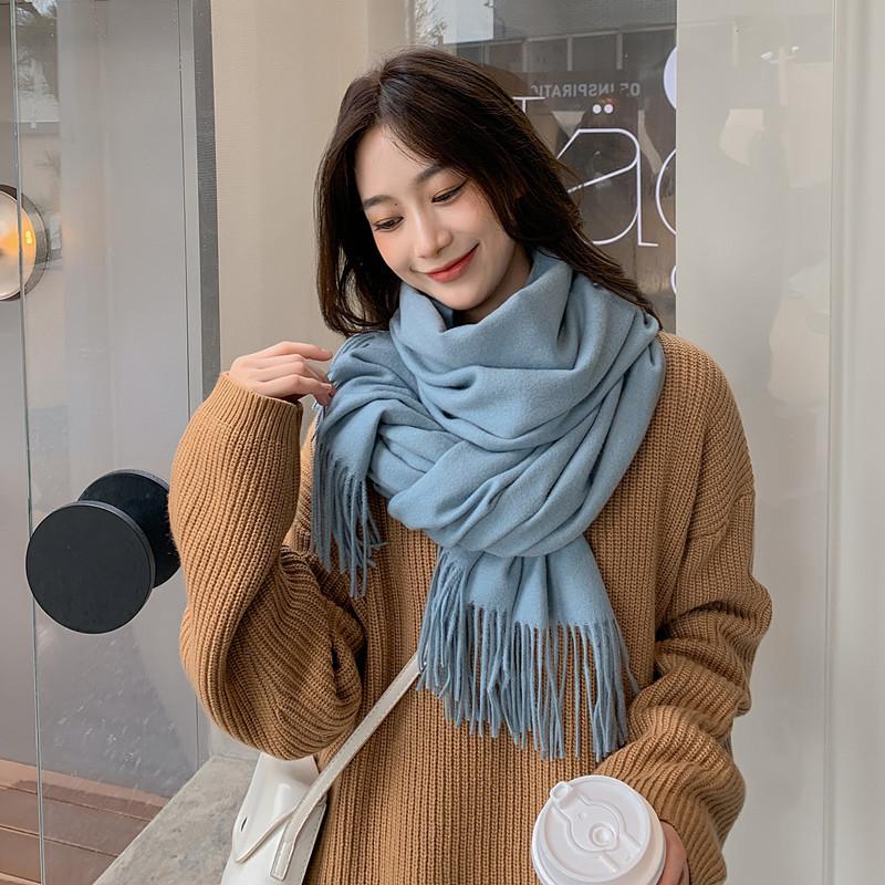 Solid Color Wool Scarf for Women Autumn and Winter Tassel Air Conditioned Room Shawl Green Red Winter Men's Cashmere Scarf