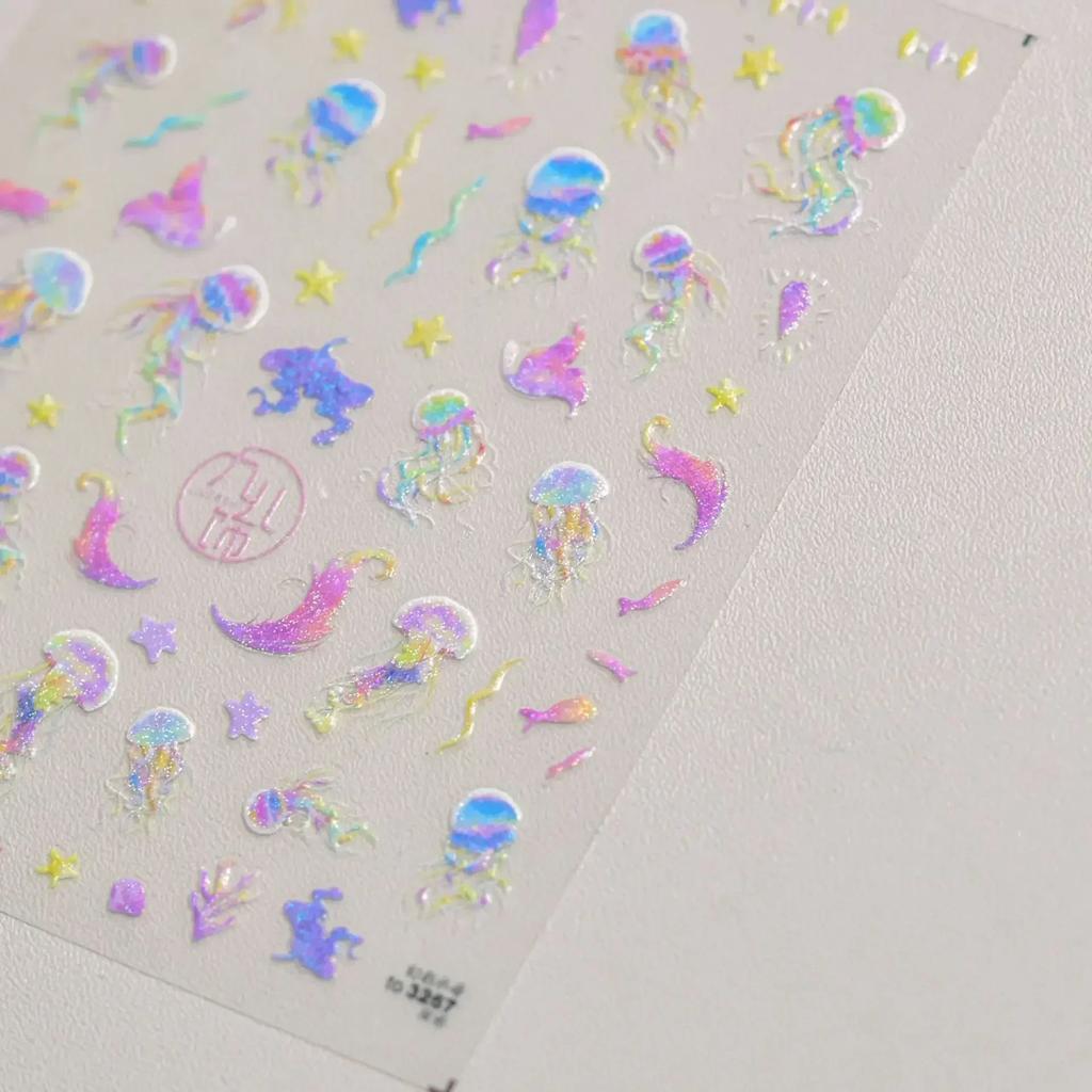 Laser Sliver Star Ocean Dolphin Whale Shoal of Fish Bubbles Sea Marine Organisms Nail Art Sticker Self Adhesive Manicure Decal