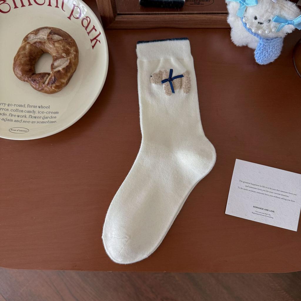 Ladies Spring Vintage Button Bow College Boneless Mid Barrel Stack Socks