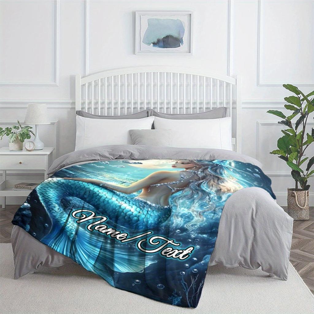 Custom Mermaid Blanket Personalized Name Fantasy Art Fleece Throw All Season Soft Cozy Bedding for Kids Adults Gift