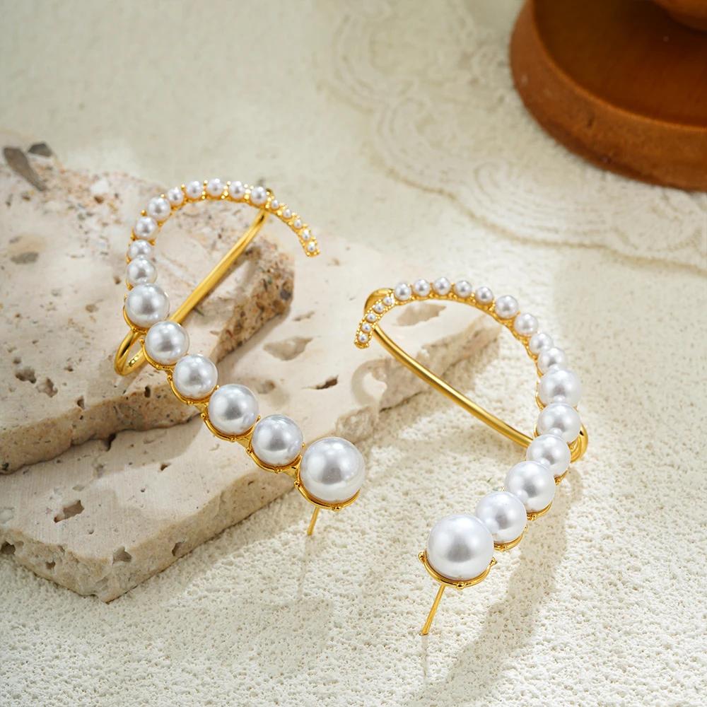 Elegant Imitation Pearl C-shape Symmetry Ear Cuff for Women Gold Plated No Piercing Clip Earrings Brides Wedding Jewelry