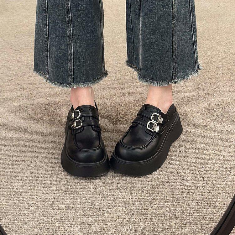 [Ushilai] Black British Style Loafers for Women's Spring 2025 New Retro Casual Versatile Small Leather Shoes