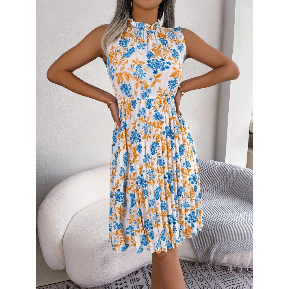 Frühlings- und Sommer-Damen-Temperament Holzohrring Blumen Taillierte Plisseekleider