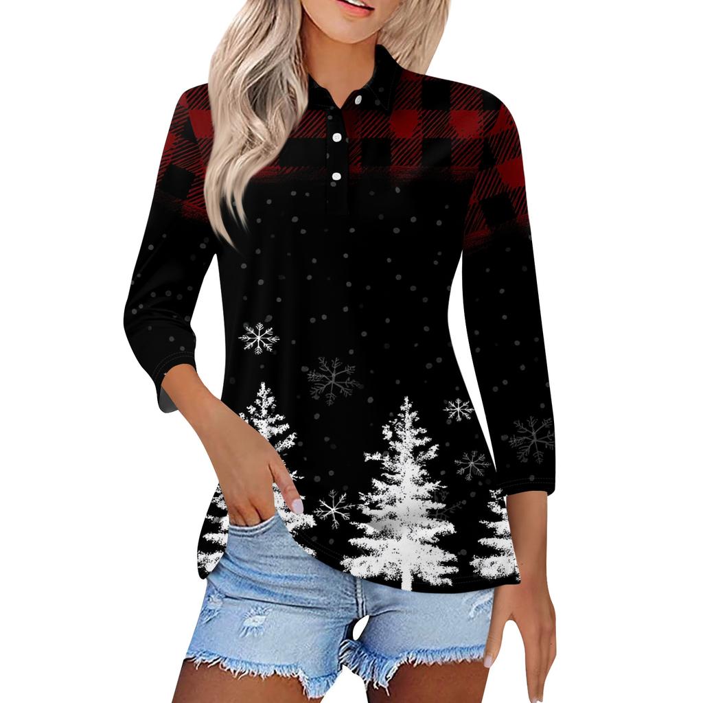 Mote dame casual revers kort 3/4 ermet juleprint skjorte dame knapp opp topper