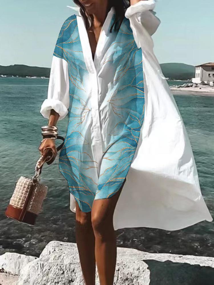 Trendy 3D Floral Print Lapel Long Sleeve Dress