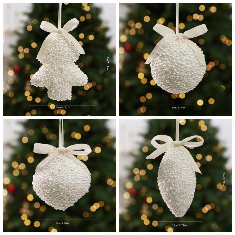 4PCS Christmas Ornament Pendant Foam Base Plastic Pearl Christmas Ornament Off White Multi Shape Pearl Bow Hanging Decor