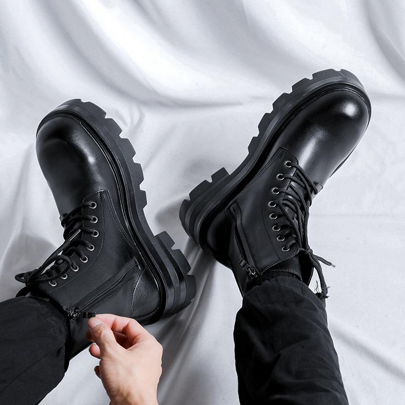 Men Luxury Fashion Platform Boots Lace-up Genuine Leather Shoes Spring Autumn Boot Stage Nightclub Stylish High Motorcycle Botas