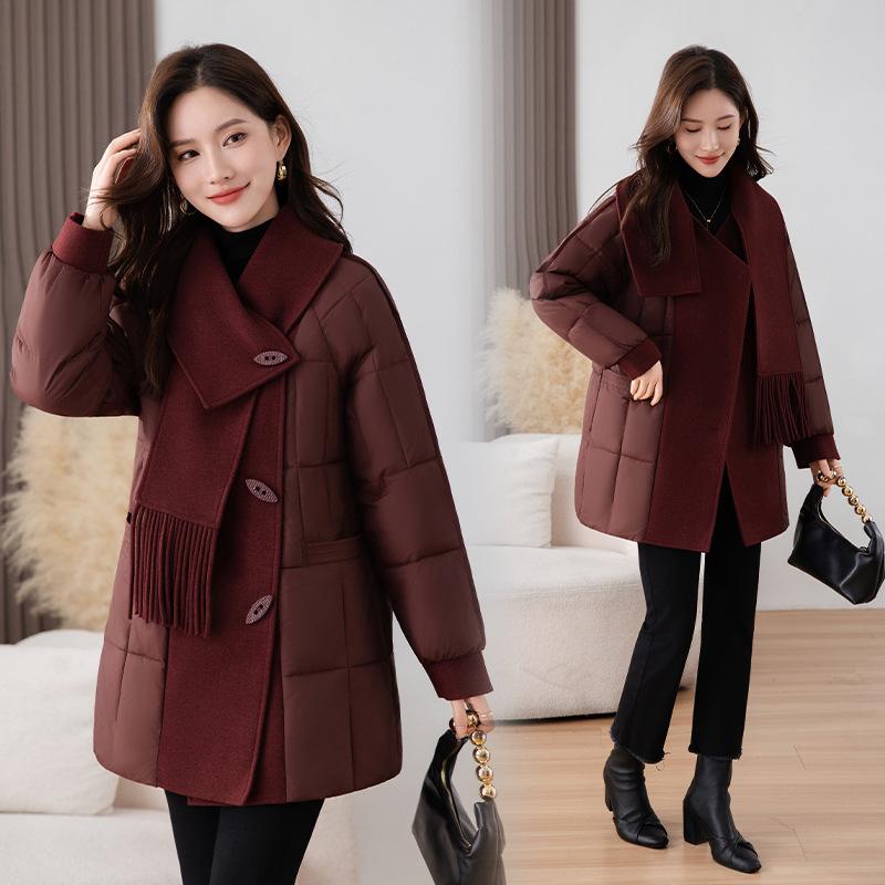 Winter Medium and Long Spliced Down Cotton-padded Jacket for Women's Small Loose Lapel Fashion Large Size Cotton-padded Jacket