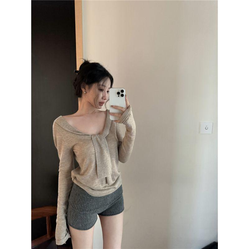 Kumikumi Pure Desire Set Lace-up Temperament Long sleeve Knit Women Autumn High Waist Slimming Casual Pants Two-piece Set