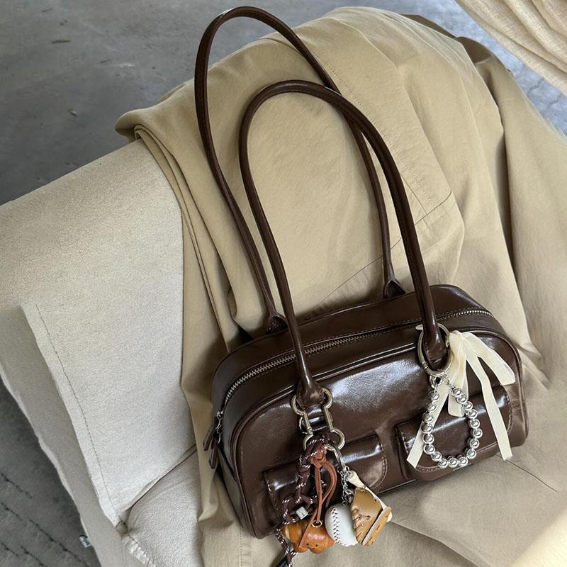 New Large Capacity Brown Bowling Handbag Women's Shoulder Bag Retro Korean INS Style Autumn Winter Fashion Trend Bag