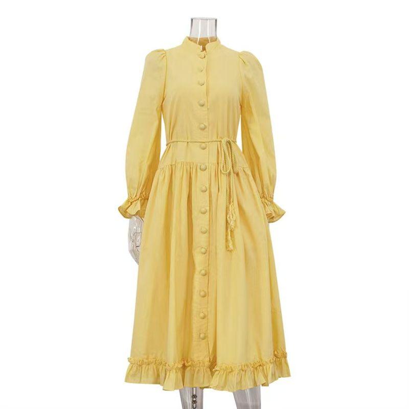 

French Style New Arrival Small Stand Collar Elegant Dress Single-Breasted Lace up Long Dress Single Breasted Dress Yellow L