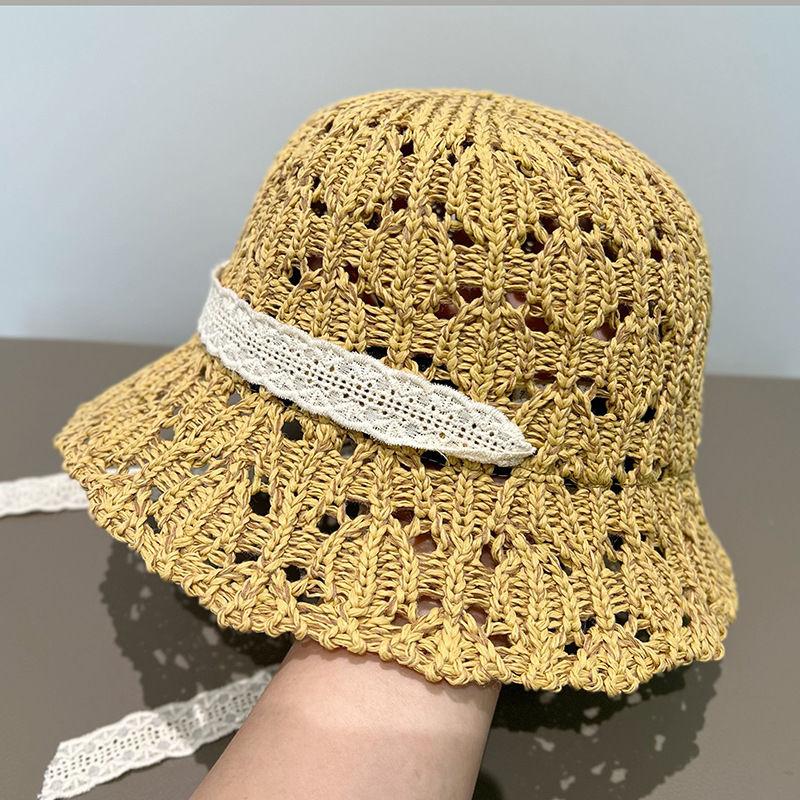 New Lace Strap Basin Hat Women's Hollow Breathable Bucket Hat Summer Beach Seaside Vacation Sun Hat