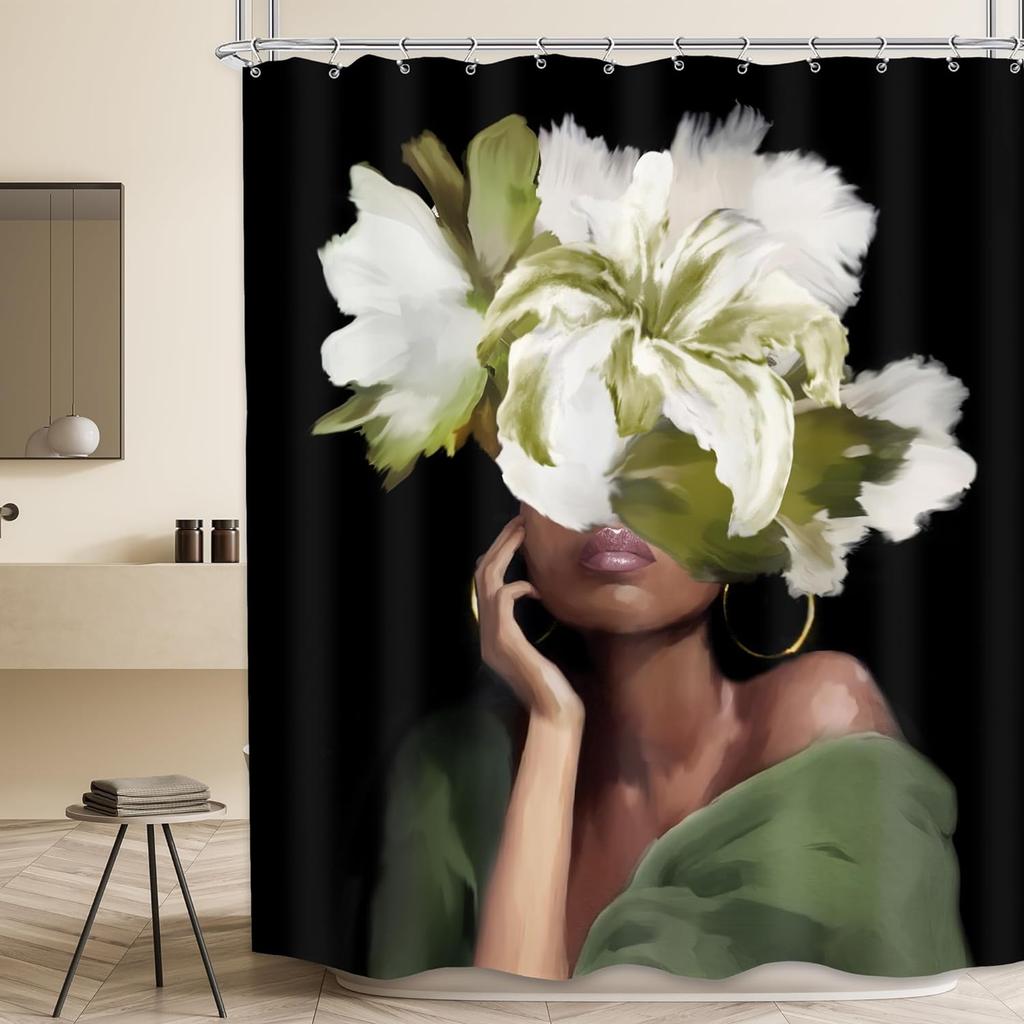 MESHELLY Black Girl Shower Curtain - Gray & Pink Peony, Motivational Quotes, Butterfly Design, Bath Decor