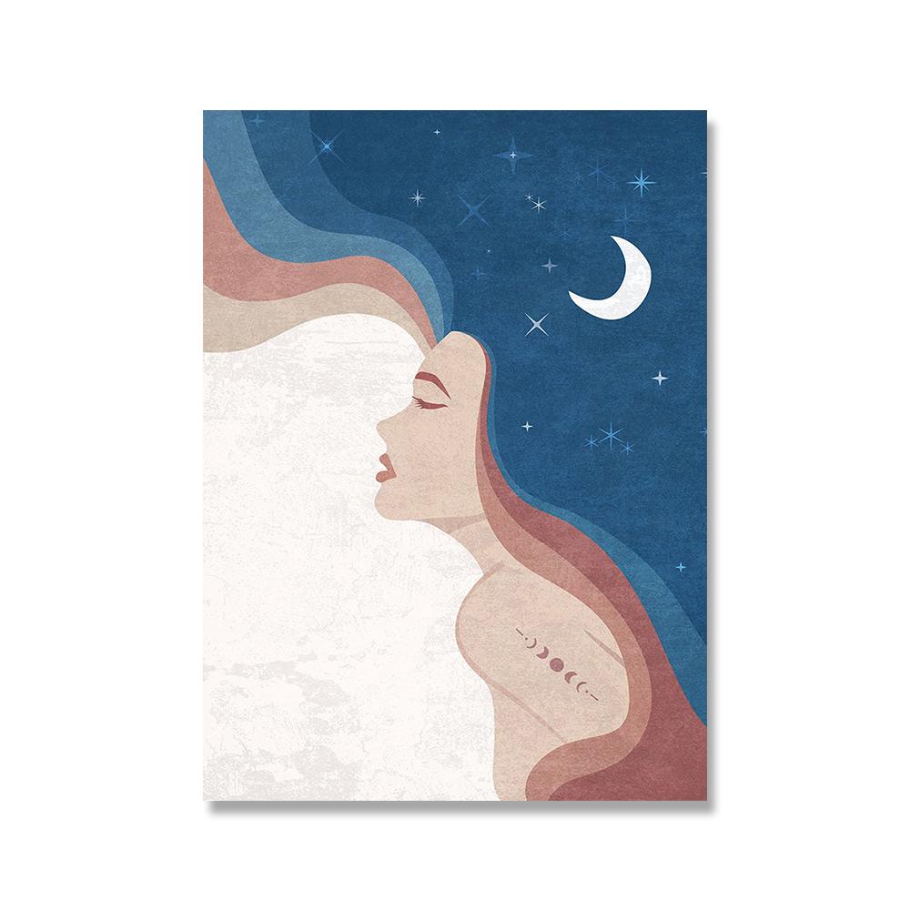 Blue Soulmate Couple Canvas Painting Boho Beautiful Women Wall Art Pictures Sun Moon Poster Abstract Minimalist Print Home Decor